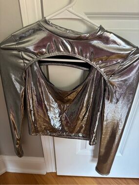 Discovery Metallic Silver Long-Sleeve Cutout Crop Top